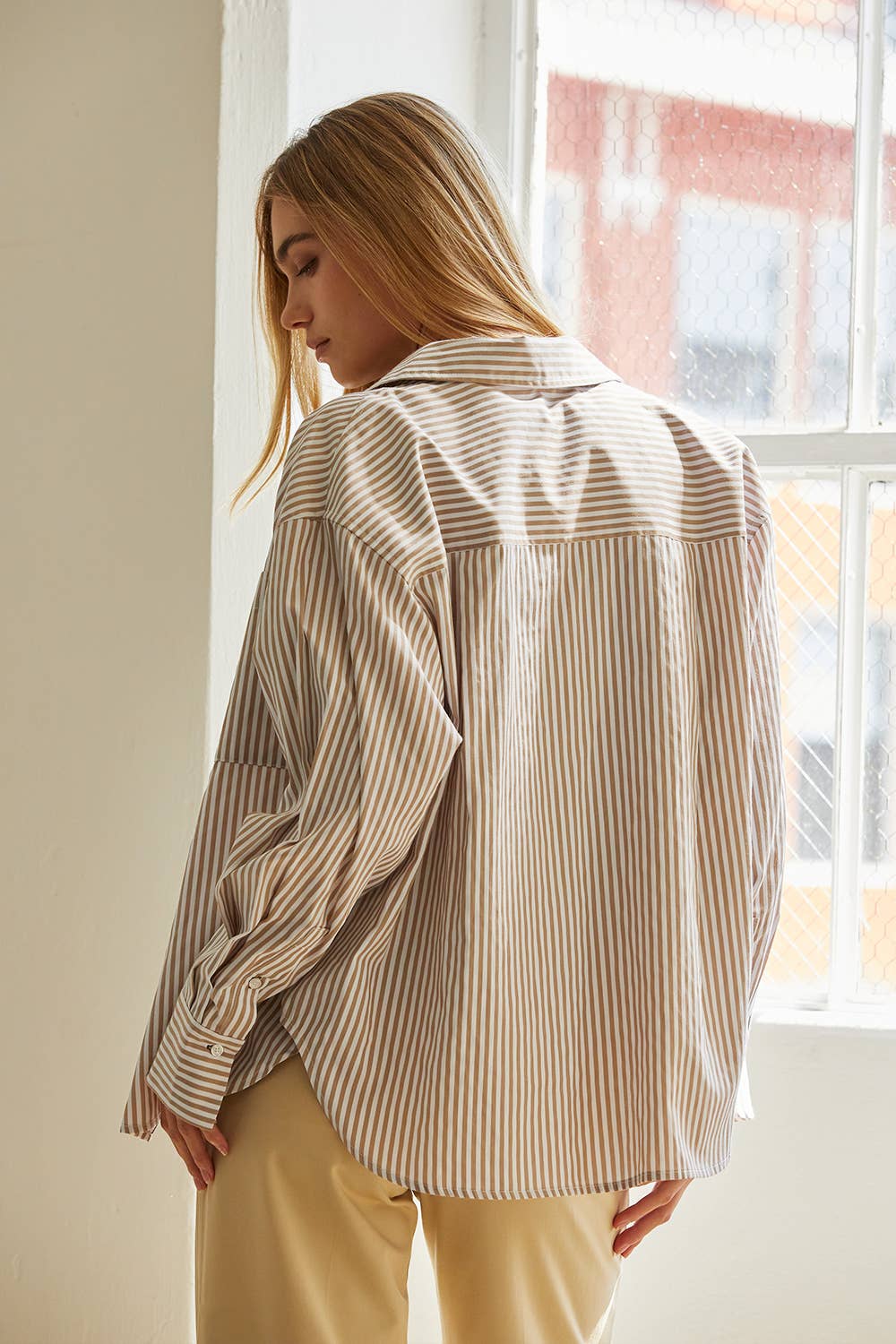 Oversized Striped Button-Down Shirt - Mocha