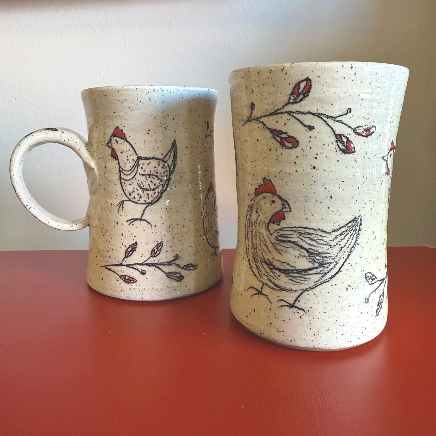 Hand-Thrown Ceramic Handle Mug with Sweet Chicken Motif - Made in Stoughton!