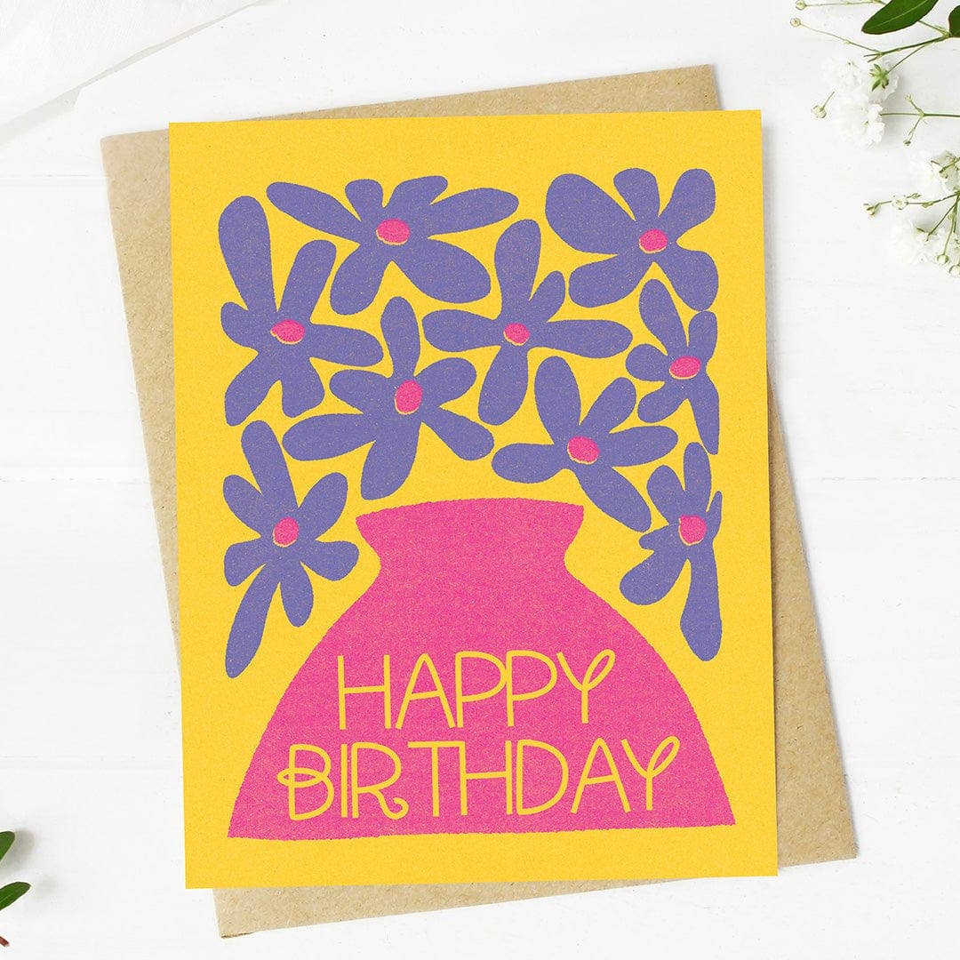 Happy Birthday Purple Flowers + Pink Vase Blank Inside Greeting Card
