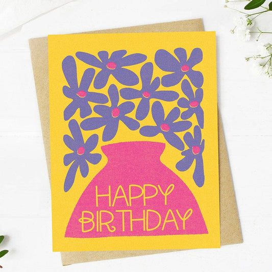 Happy Birthday Purple Flowers  + Pink Vase Blank Inside Greeting Card