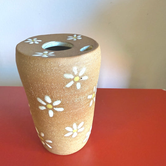 Hand-Thrown Ceramic Travel Mug with Retro Daisy Motif - Made in Stoughton!