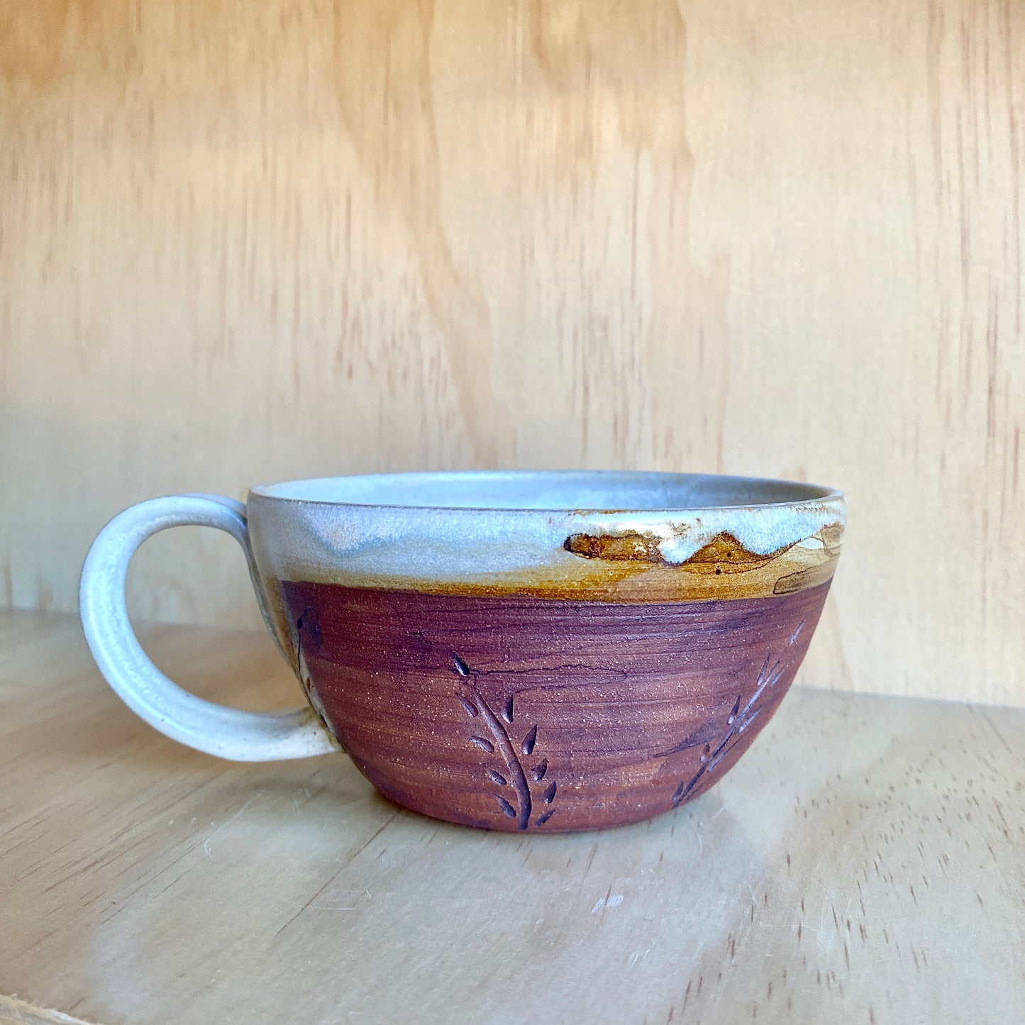 Hand-Thrown Iron Oxide Leaf Motif Latte Mug - Made in Stoughton!