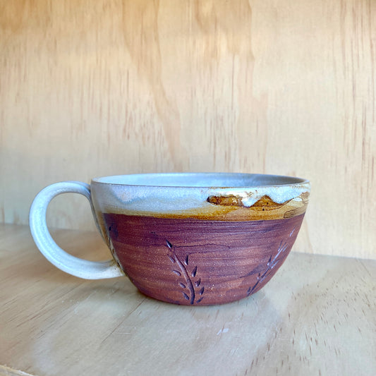 Hand-Thrown Iron Oxide Leaf Motif Latte Mug - Made in Stoughton!