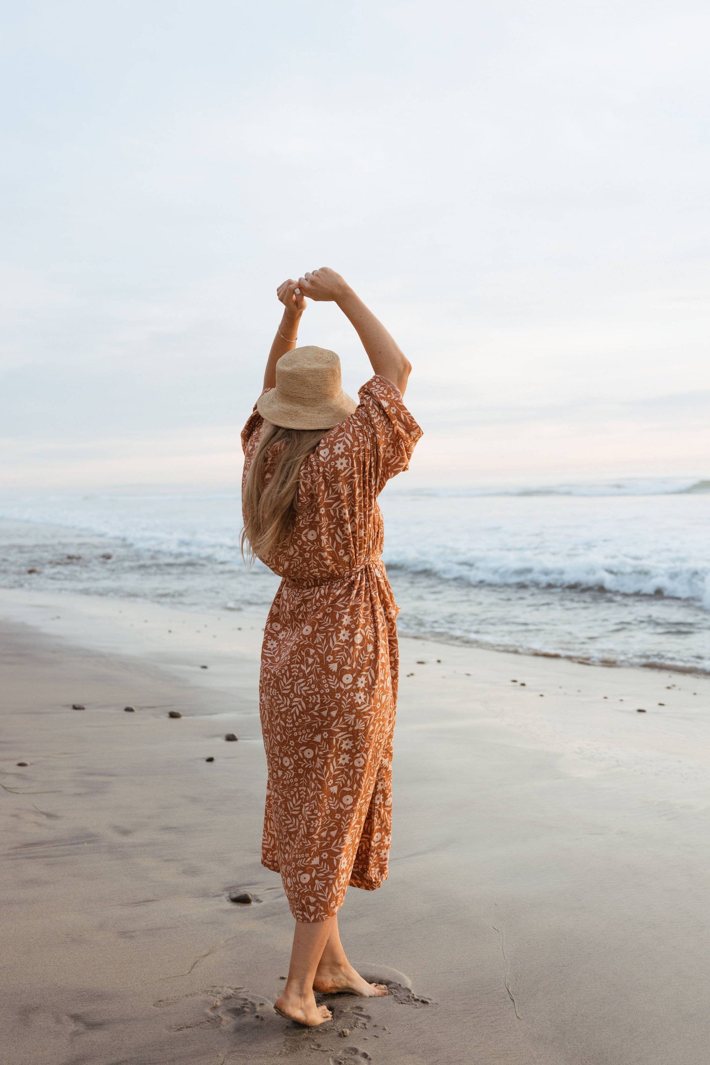 Handwoven Cotton Kimono-Style Robe - Meadow Print on Rust