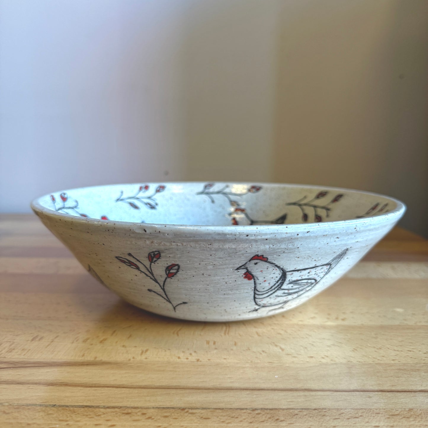 Hand-Thrown Large Ceramic Serving Bowl with Sweet Chicken Motif - Made in Stoughton!