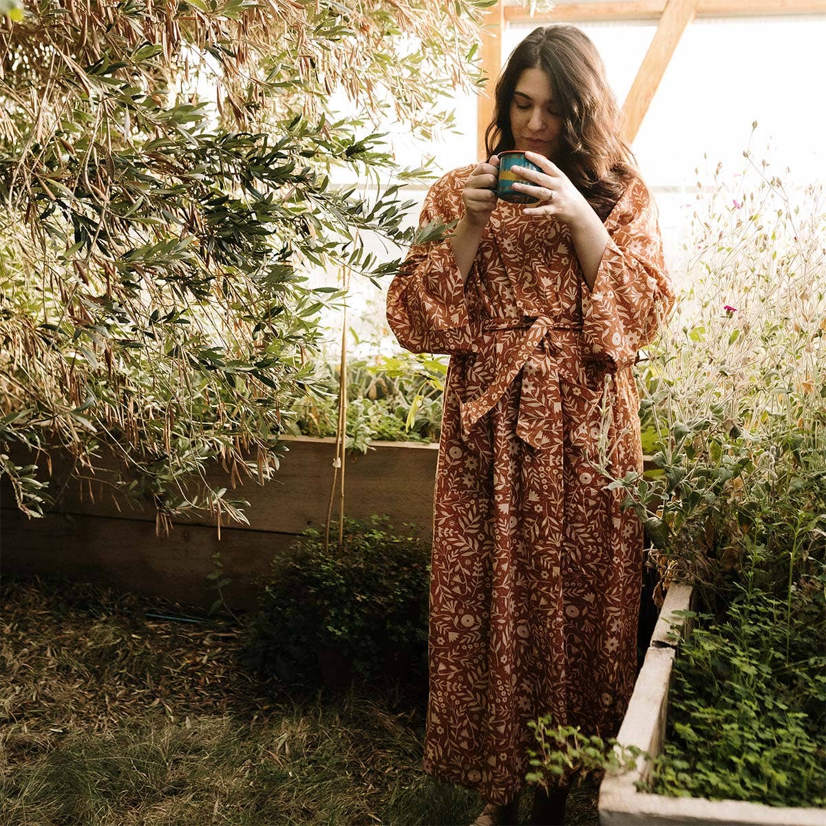 Handwoven Cotton Kimono-Style Robe - Meadow Print on Rust