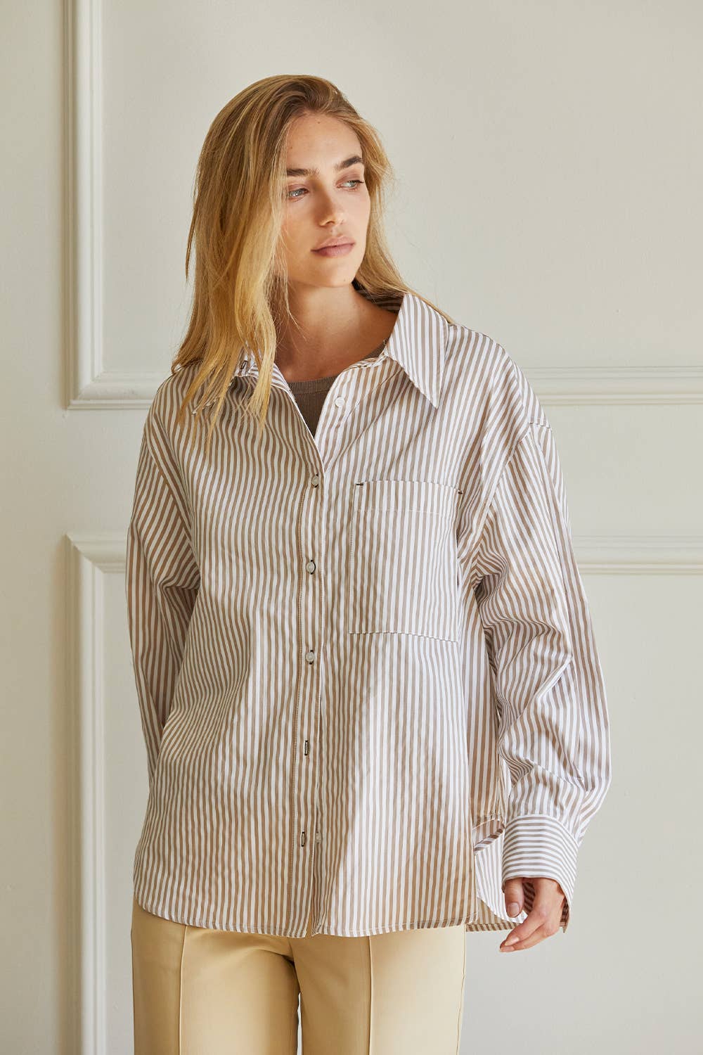 Oversized Striped Button-Down Shirt - Mocha