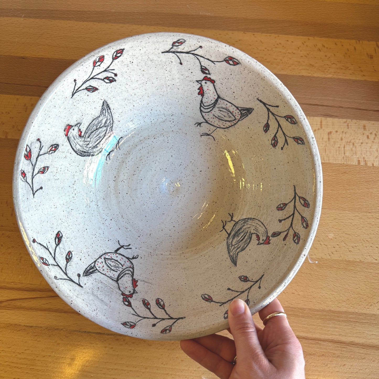 Hand-Thrown Large Ceramic Serving Bowl with Sweet Chicken Motif - Made in Stoughton!