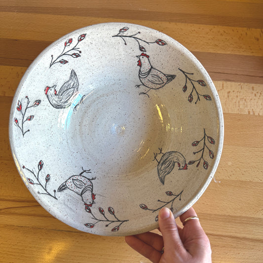 Hand-Thrown Large Ceramic Serving Bowl with Sweet Chicken Motif - Made in Stoughton!