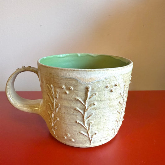 Hand-Thrown Ceramic Mug with Slip Trailed Leaf Decoration - Made in Stoughton!