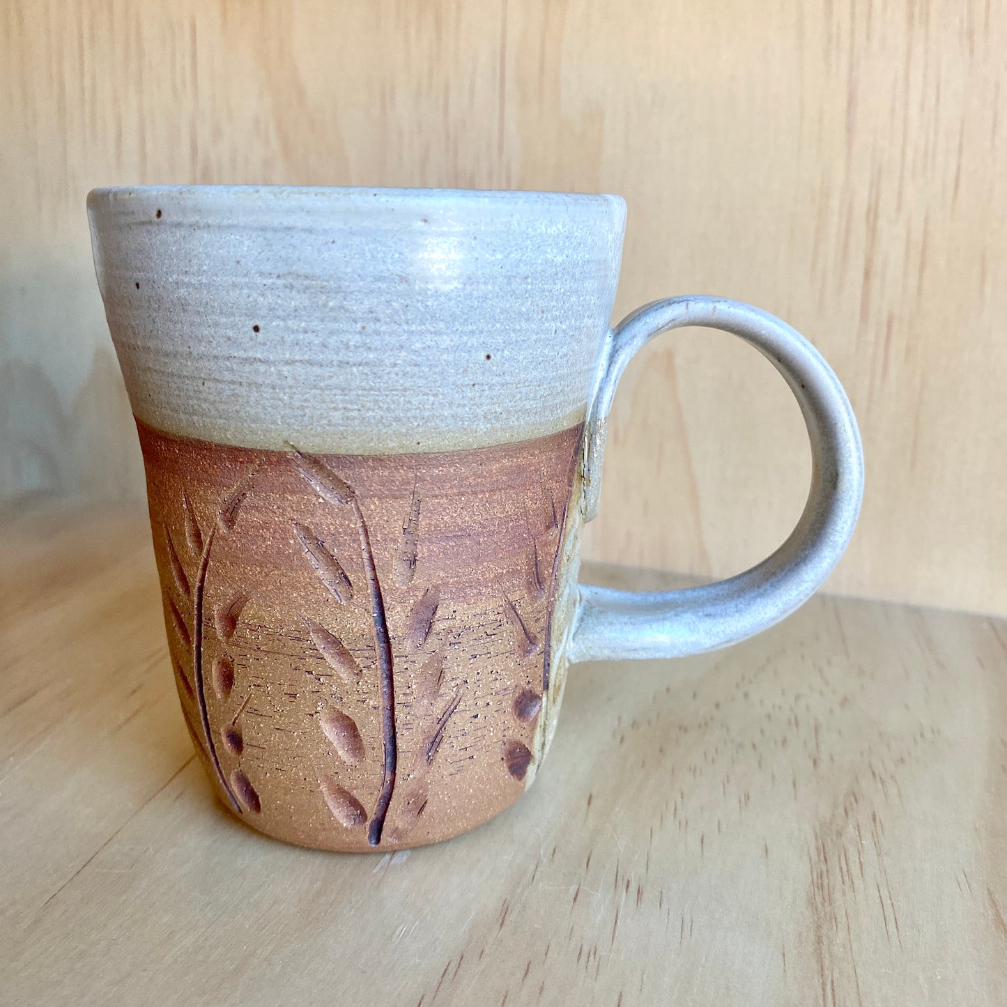 Hand-Thrown Iron Oxide Leaf Motif Mugs - Made in Stoughton!