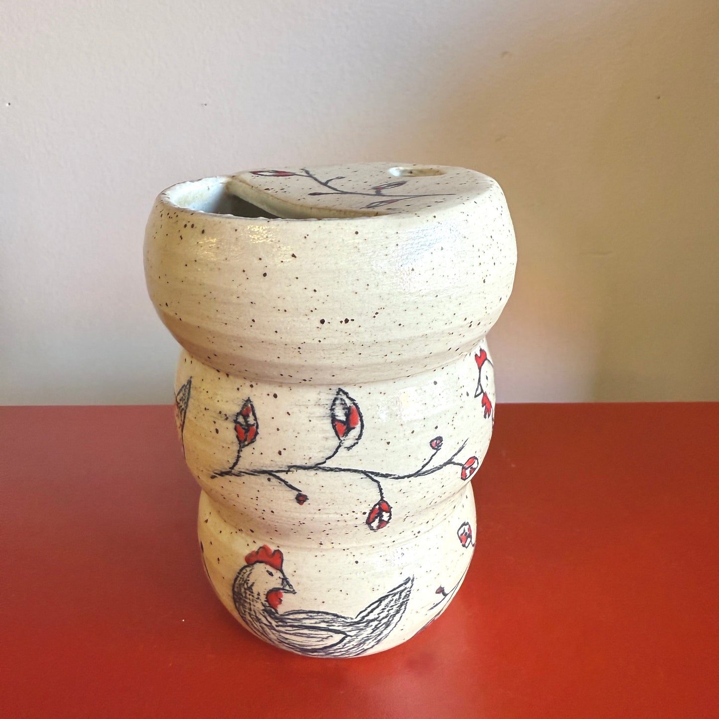 Hand-Thrown Ceramic Travel Mug with Sweet Chicken Motif - Made in Stoughton!