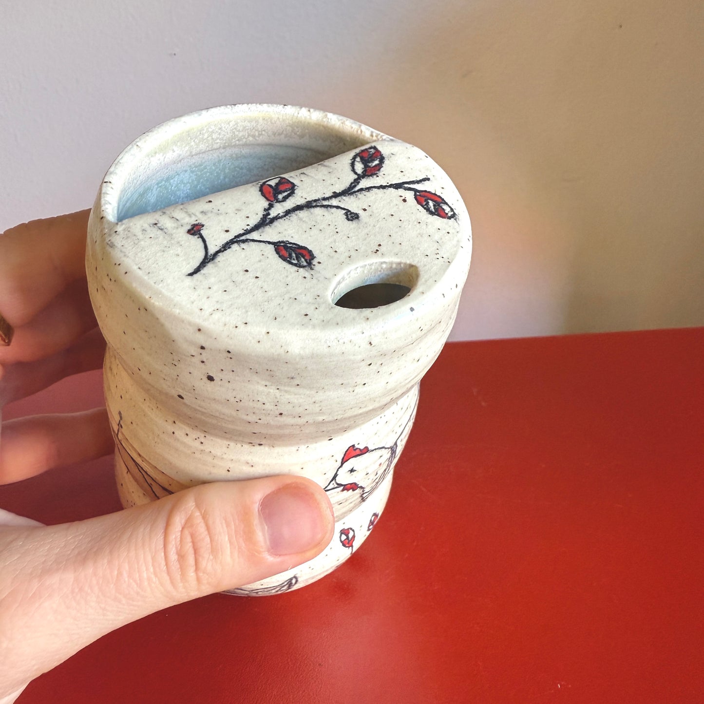 Hand-Thrown Ceramic Travel Mug with Sweet Chicken Motif - Made in Stoughton!