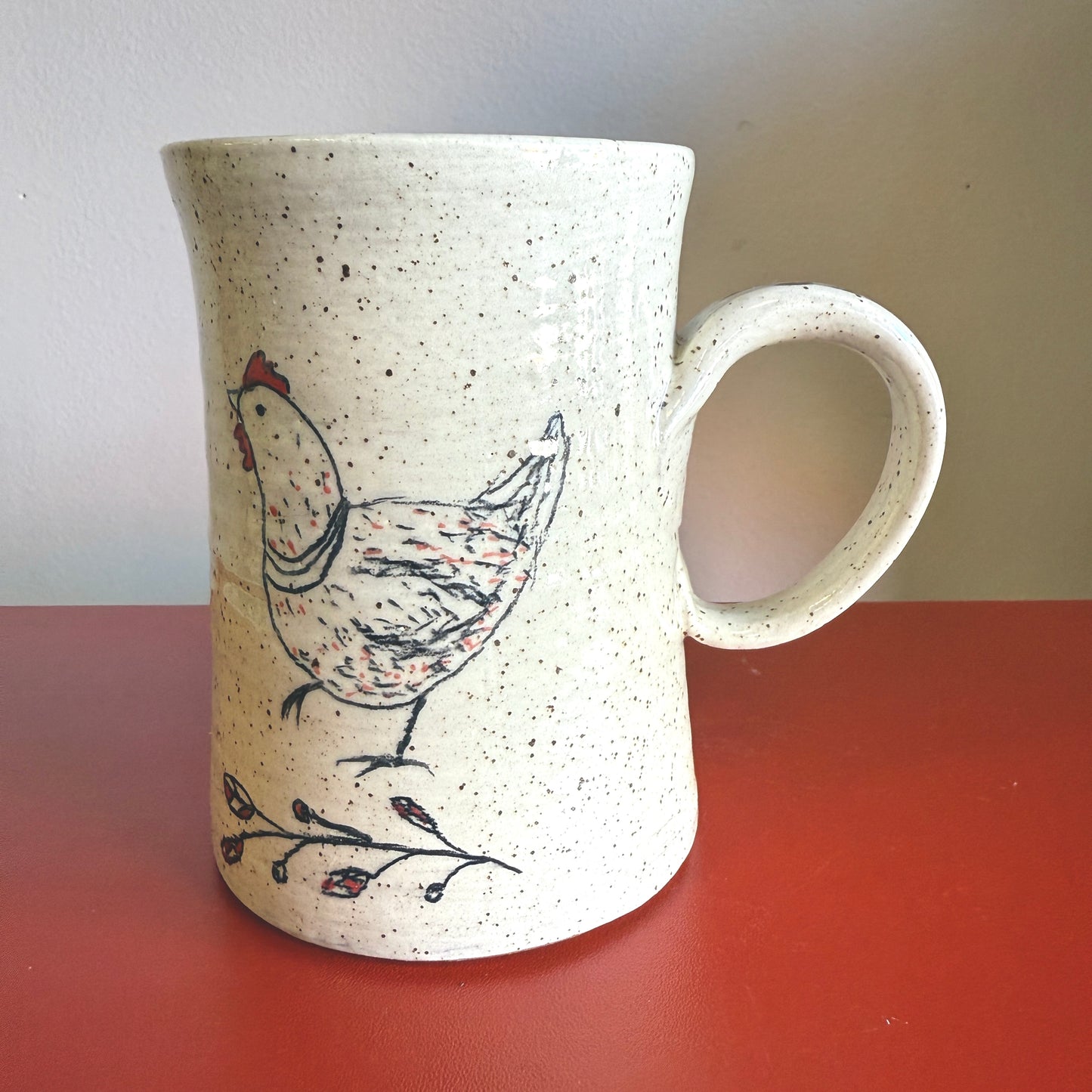 Hand-Thrown Ceramic Handle Mug with Sweet Chicken Motif - Made in Stoughton!