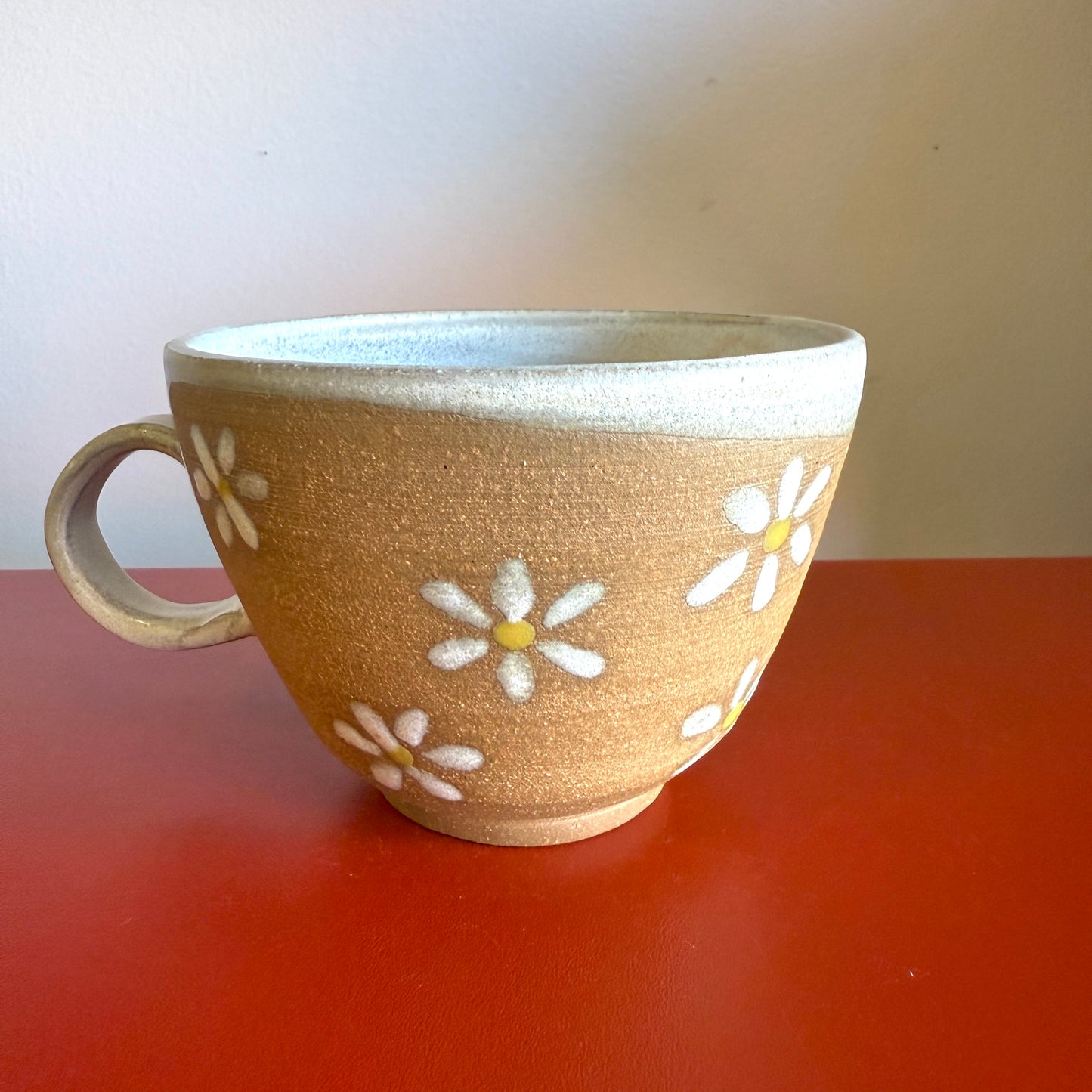 Hand-Thrown Ceramic Teacup with Retro Daisy Motif - Made in Stoughton!