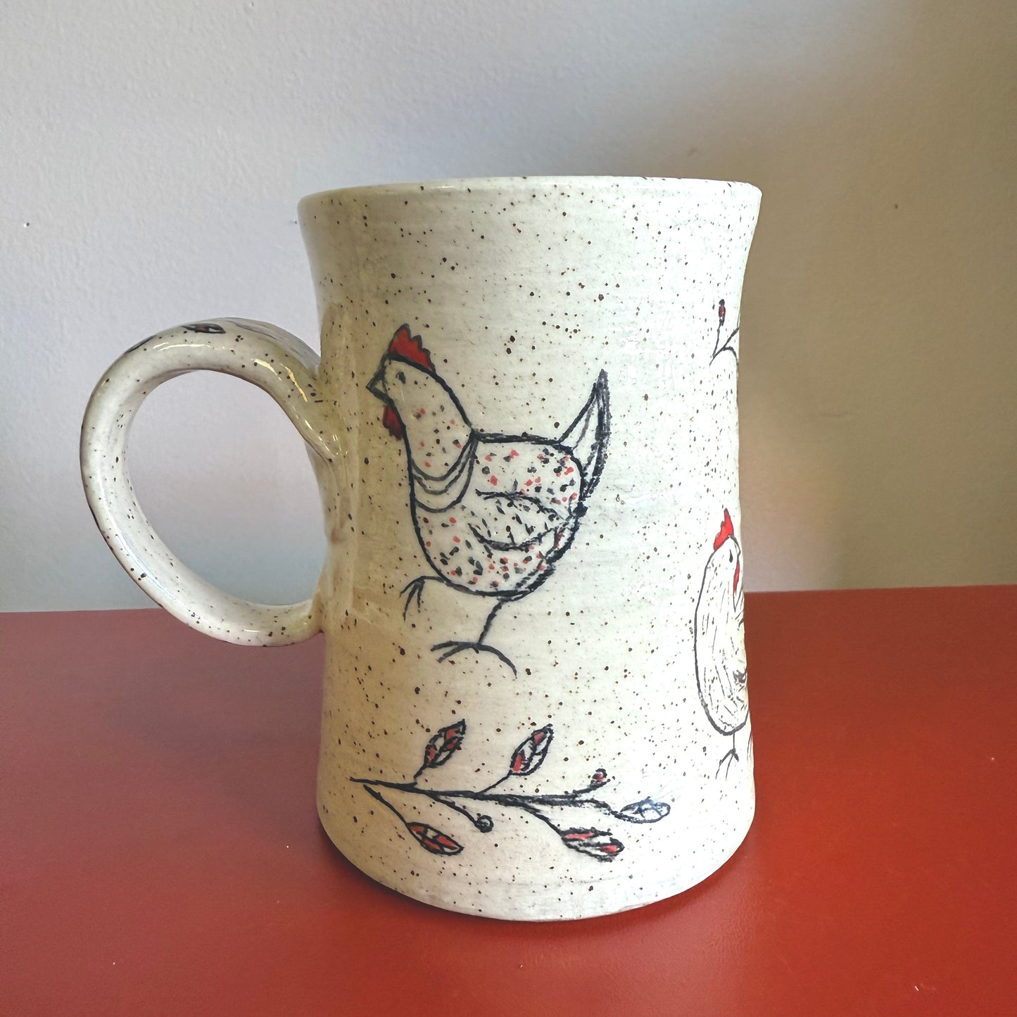 Hand-Thrown Ceramic Handle Mug with Sweet Chicken Motif - Made in Stoughton!