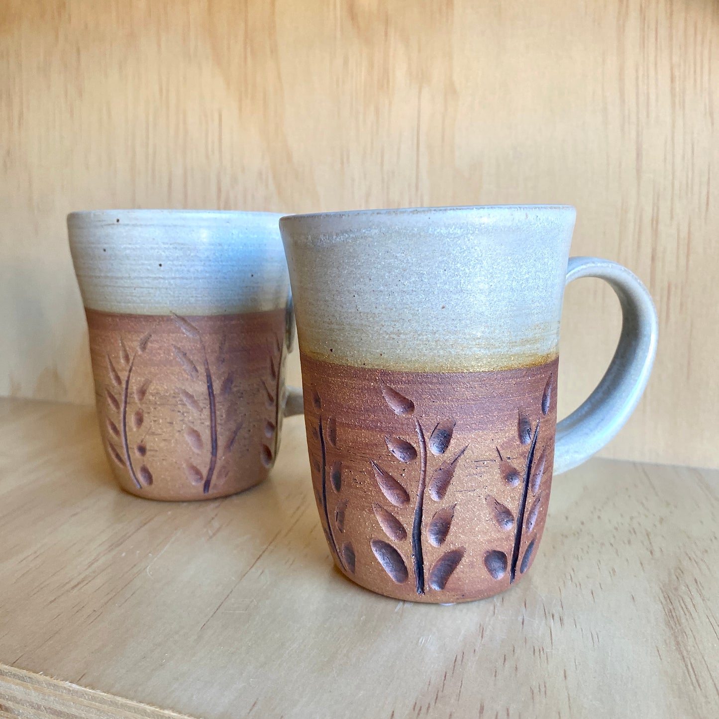 Hand-Thrown Iron Oxide Leaf Motif Mugs - Made in Stoughton!