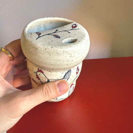Hand-Thrown Ceramic Travel Mug with Sweet Chicken Motif - Made in Stoughton!