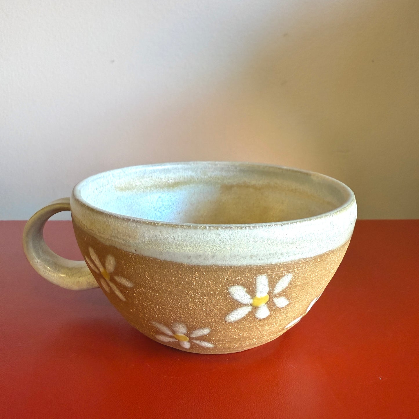 Hand-Thrown Ceramic Teacup with Retro Daisy Motif - Made in Stoughton!