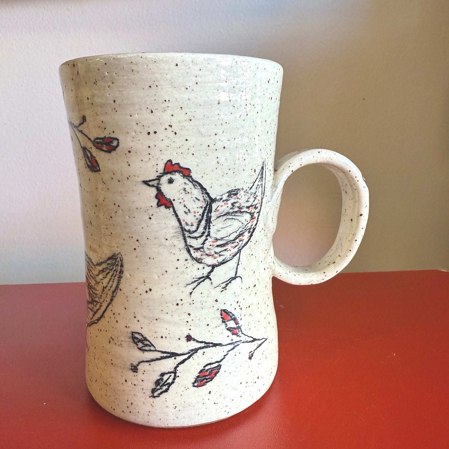 Hand-Thrown Ceramic Handle Mug with Sweet Chicken Motif - Made in Stoughton!