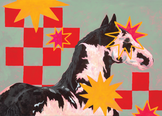 Black and White Horse on Red and Mint Checkerboard - 8"x10" Art Print