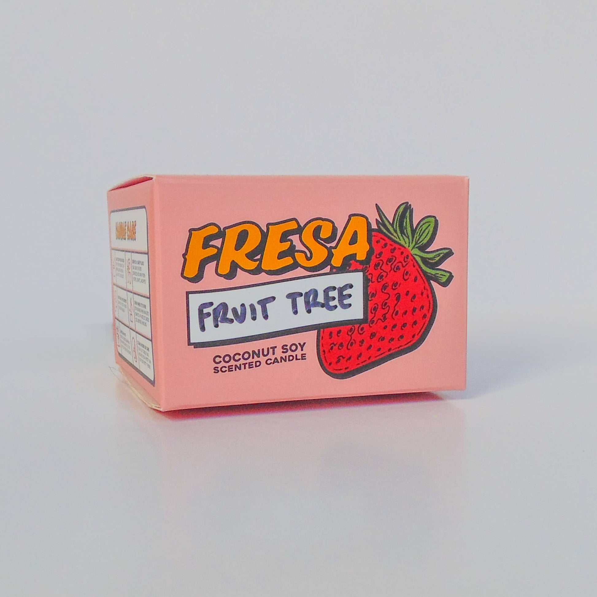 Pink box with 'Fresa' and strawberry illustration on a light gray background