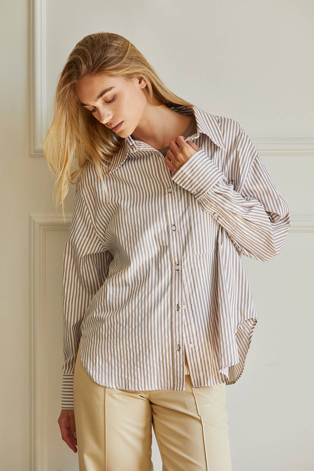 Oversized Striped Button-Down Shirt - Mocha