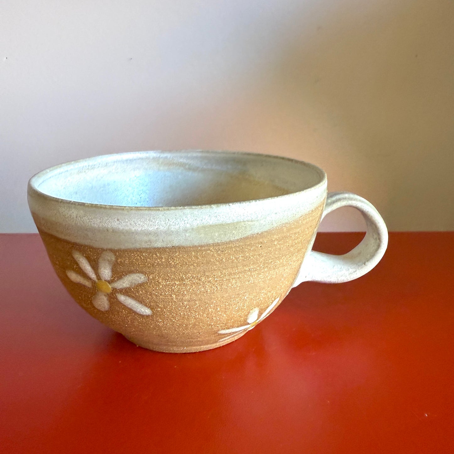 Hand-Thrown Ceramic Teacup with Retro Daisy Motif - Made in Stoughton!