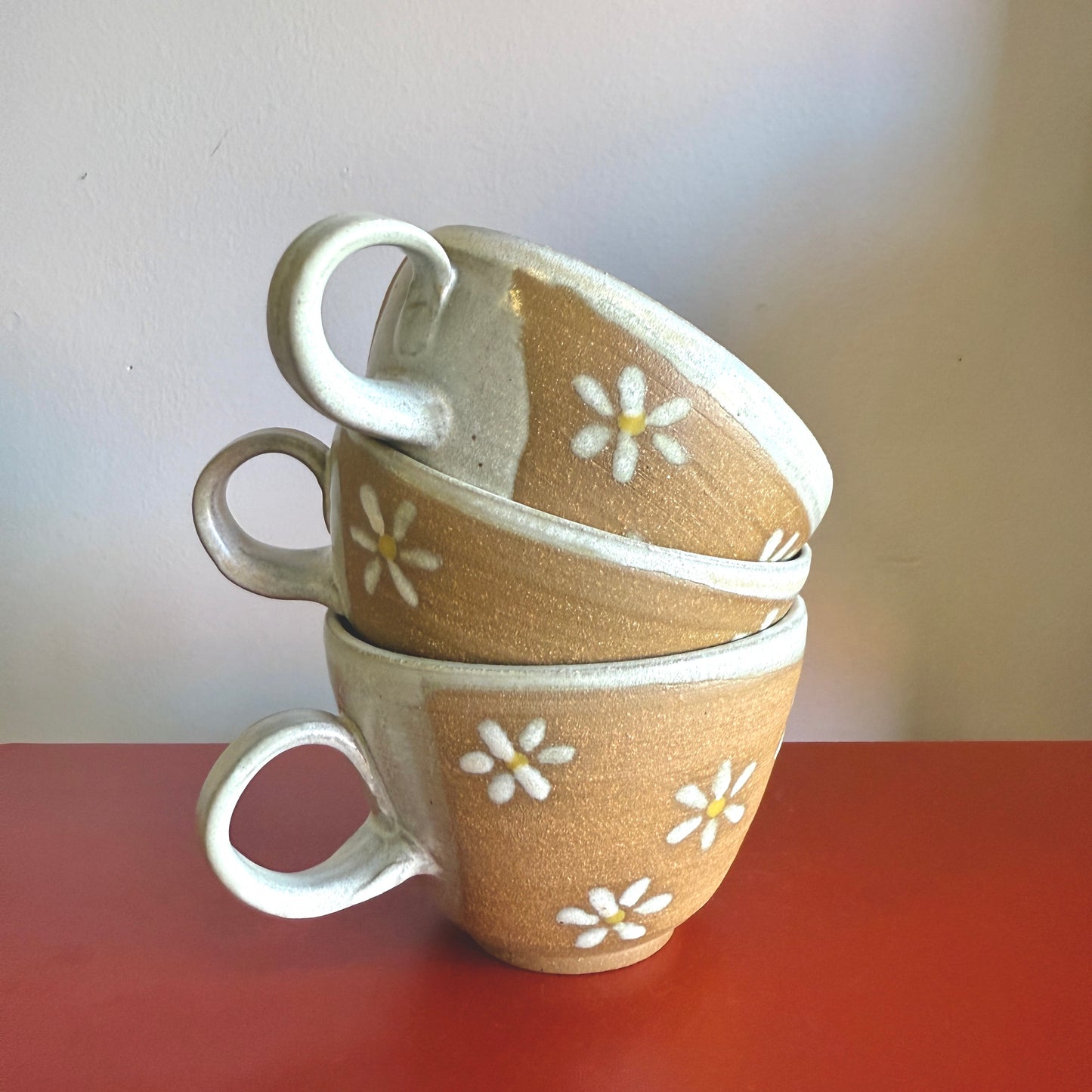 Hand-Thrown Ceramic Teacup with Retro Daisy Motif - Made in Stoughton!