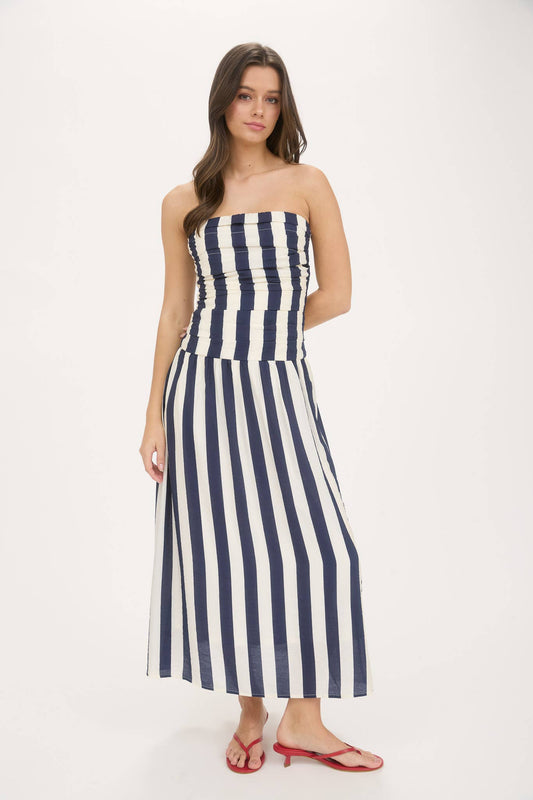 Navy & White Vertical Stripe Smocked Back Strapless Midi Dress