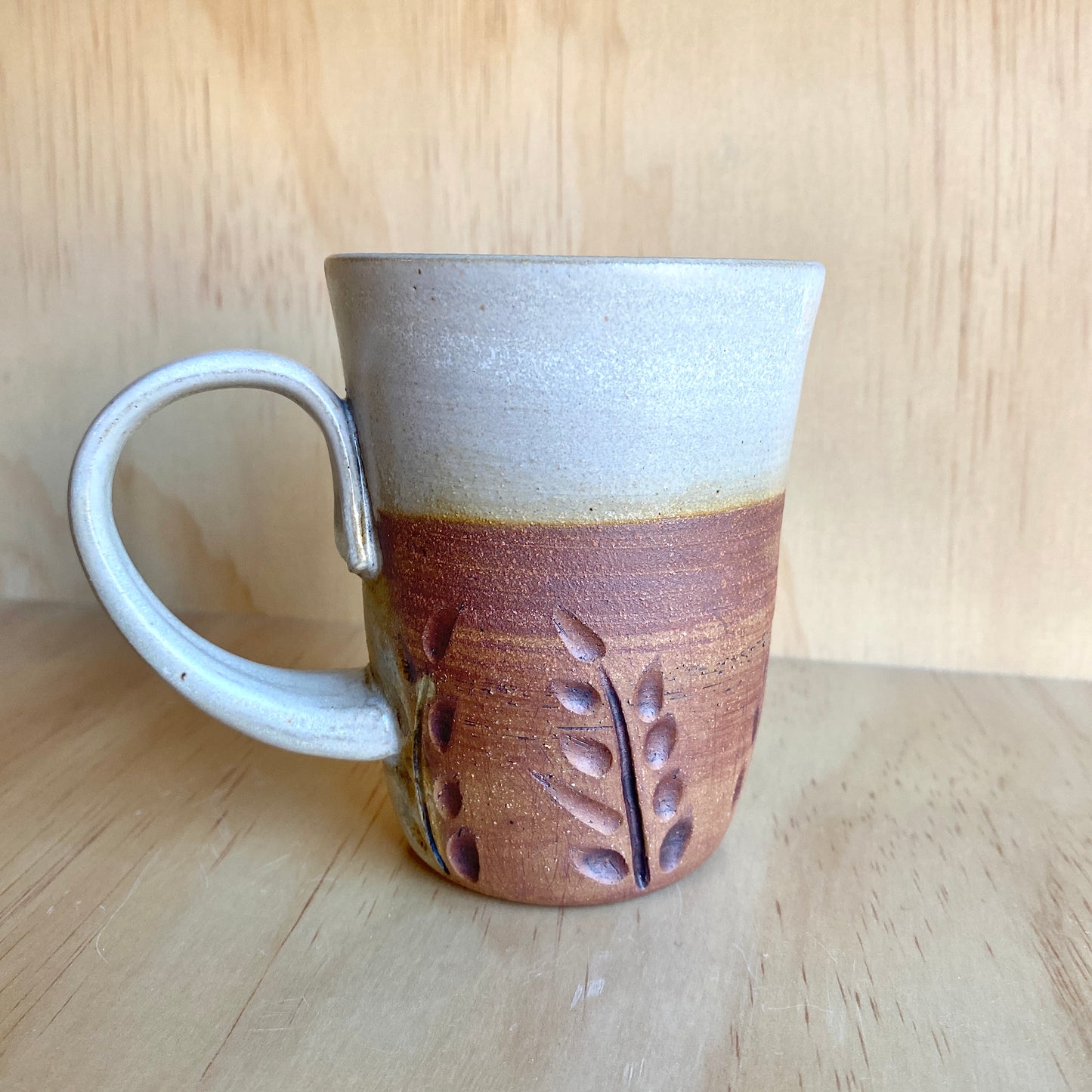 Hand-Thrown Iron Oxide Leaf Motif Mugs - Made in Stoughton!