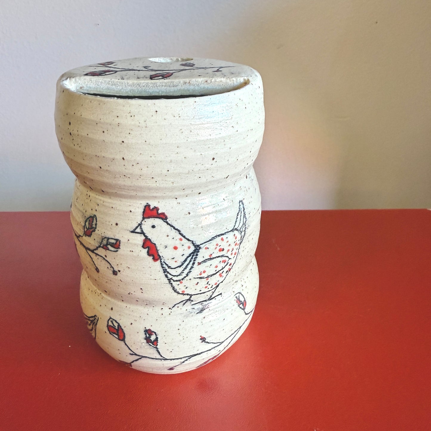 Hand-Thrown Ceramic Travel Mug with Sweet Chicken Motif - Made in Stoughton!