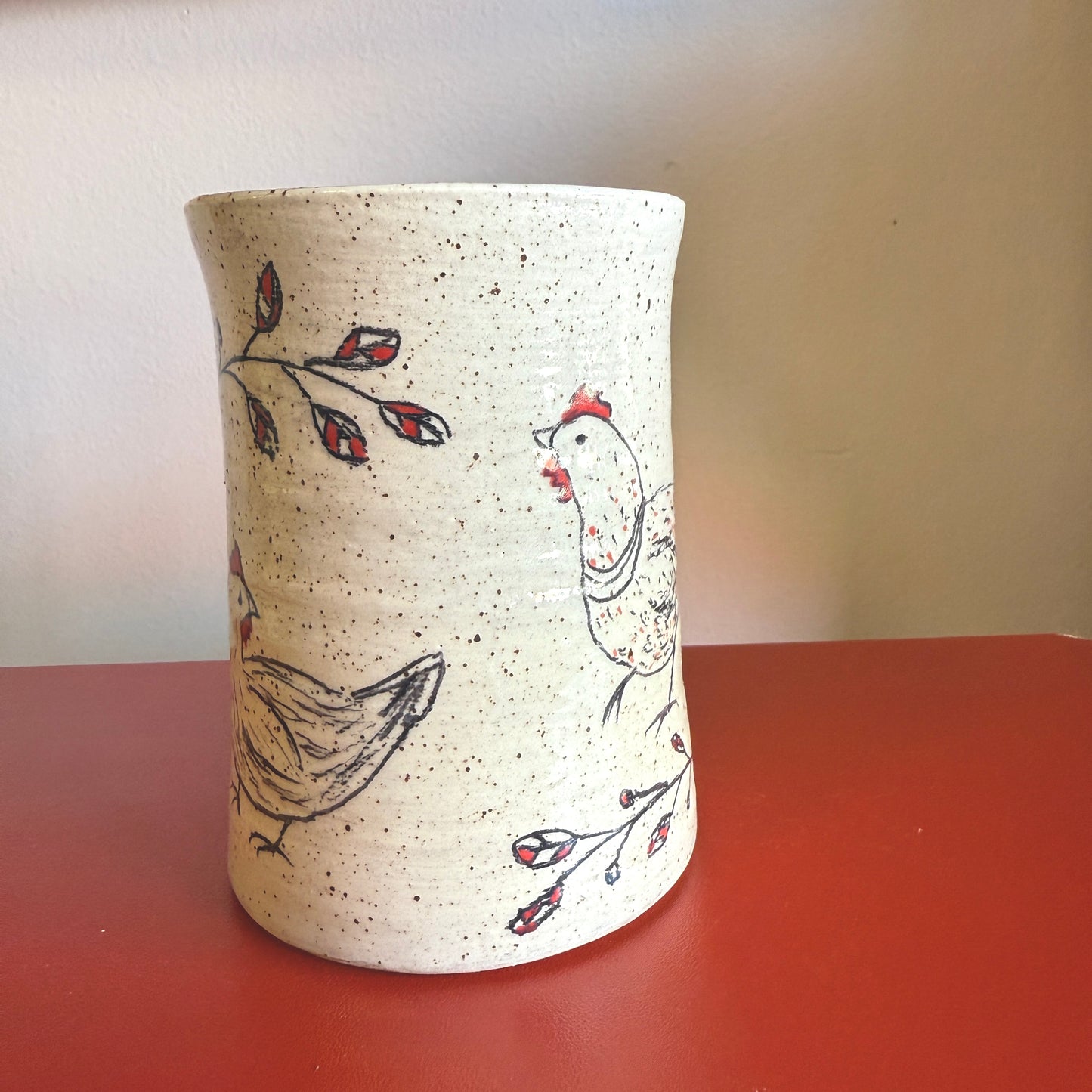 Hand-Thrown Ceramic Handle Mug with Sweet Chicken Motif - Made in Stoughton!