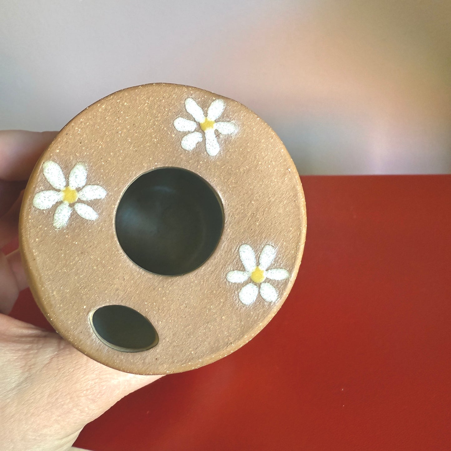 Hand-Thrown Ceramic Travel Mug with Retro Daisy Motif - Made in Stoughton!