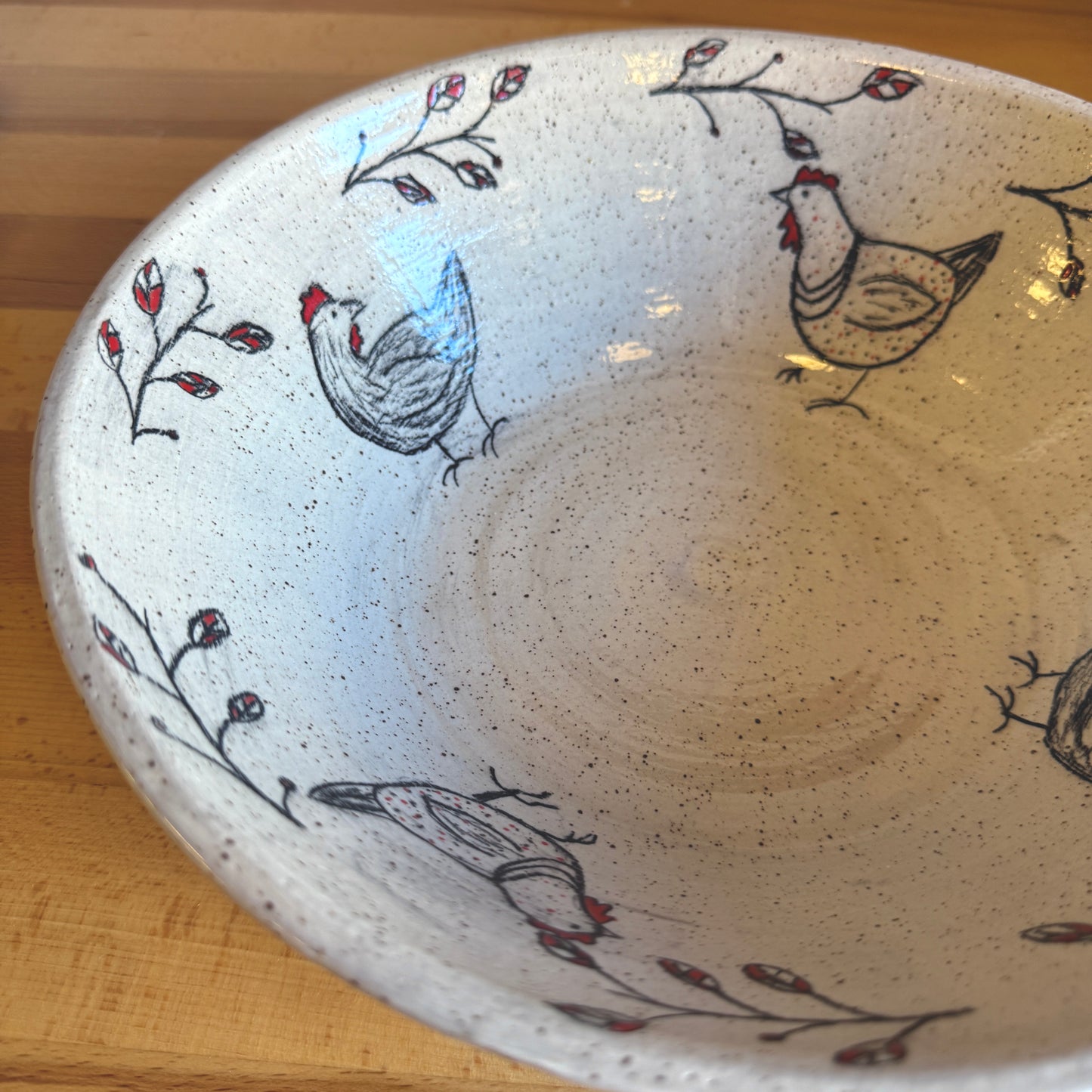 Hand-Thrown Large Ceramic Serving Bowl with Sweet Chicken Motif - Made in Stoughton!