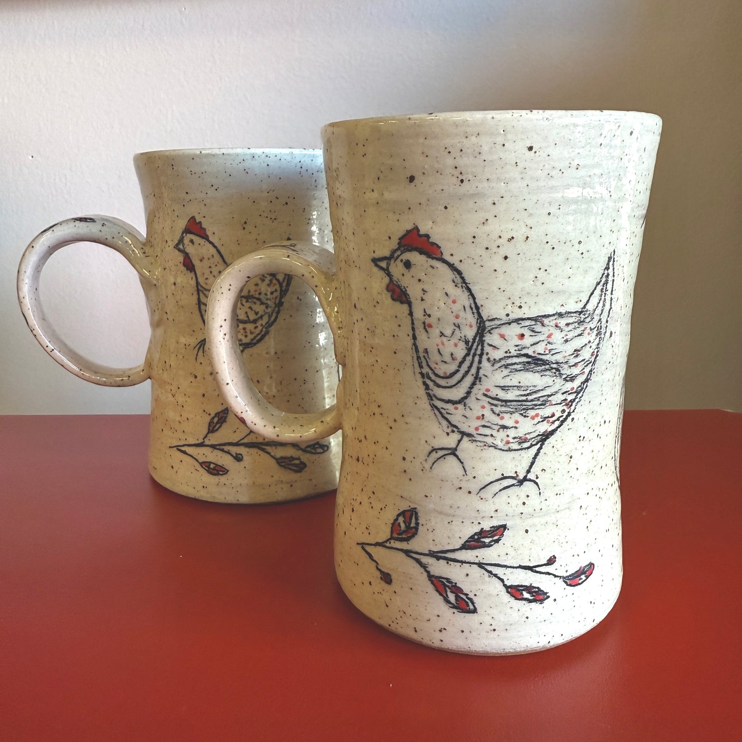 Hand-Thrown Ceramic Handle Mug with Sweet Chicken Motif - Made in Stoughton!