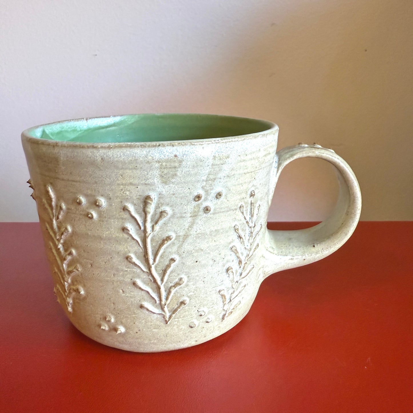 Hand-Thrown Ceramic Mug with Slip Trailed Leaf Decoration - Made in Stoughton!