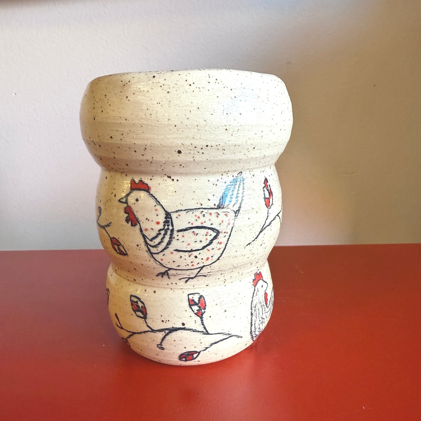 Hand-Thrown Ceramic Travel Mug with Sweet Chicken Motif - Made in Stoughton!