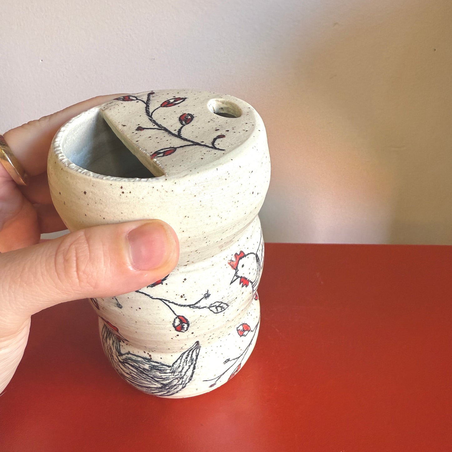 Hand-Thrown Ceramic Travel Mug with Sweet Chicken Motif - Made in Stoughton!