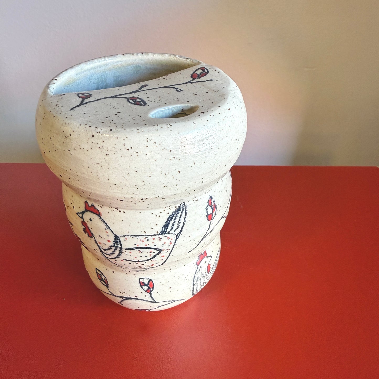 Hand-Thrown Ceramic Travel Mug with Sweet Chicken Motif - Made in Stoughton!