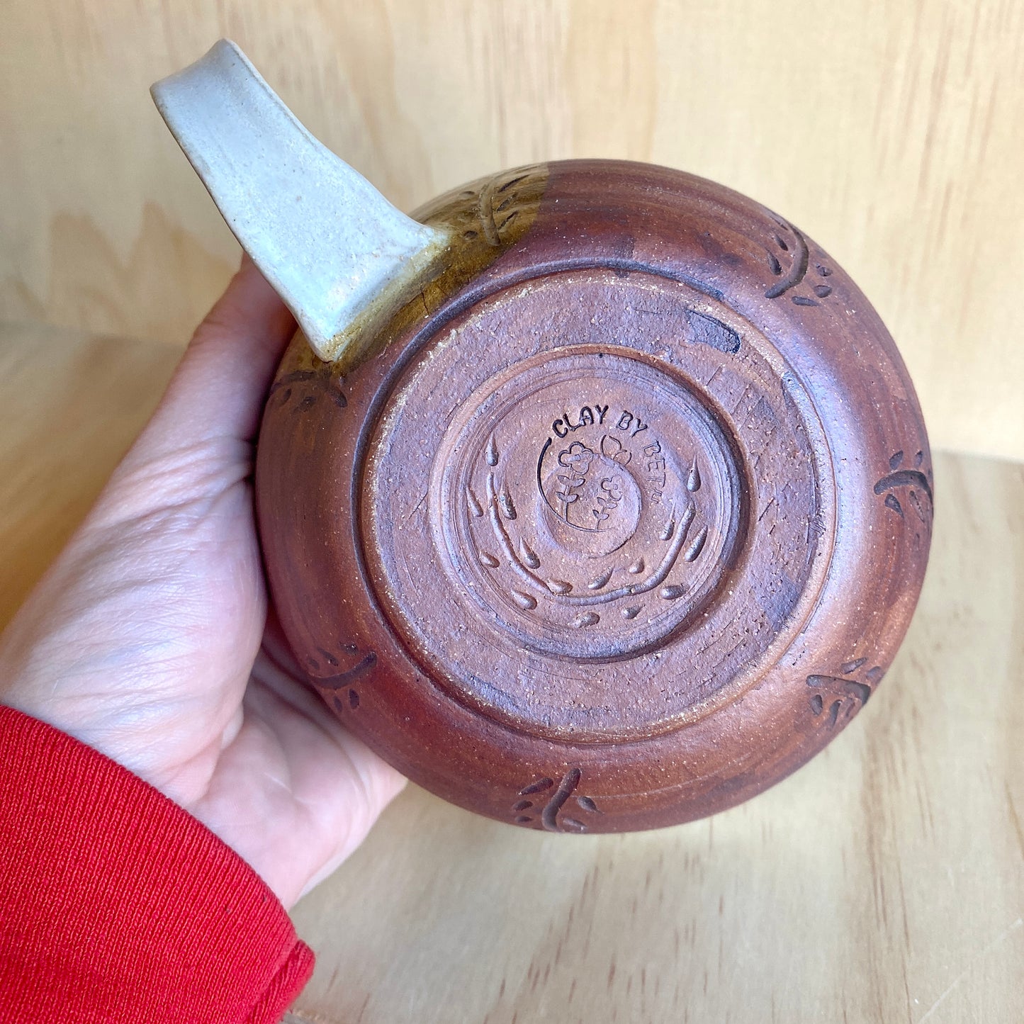 Hand-Thrown Iron Oxide Leaf Motif Latte Mug - Made in Stoughton!