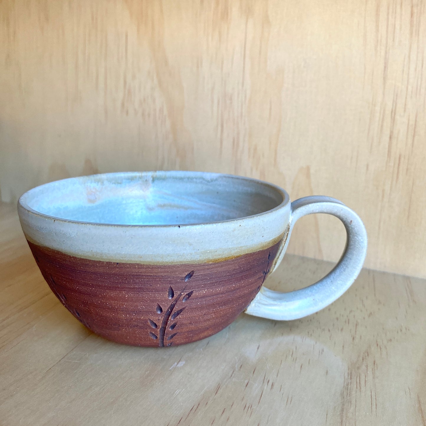Hand-Thrown Iron Oxide Leaf Motif Latte Mug - Made in Stoughton!