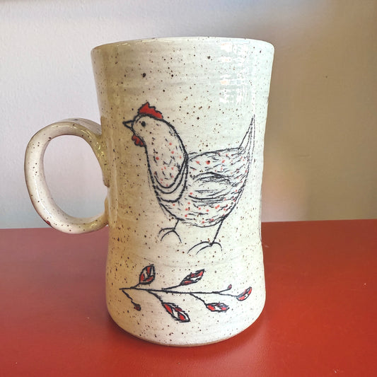 Hand-Thrown Ceramic Handle Mug with Sweet Chicken Motif - Made in Stoughton!