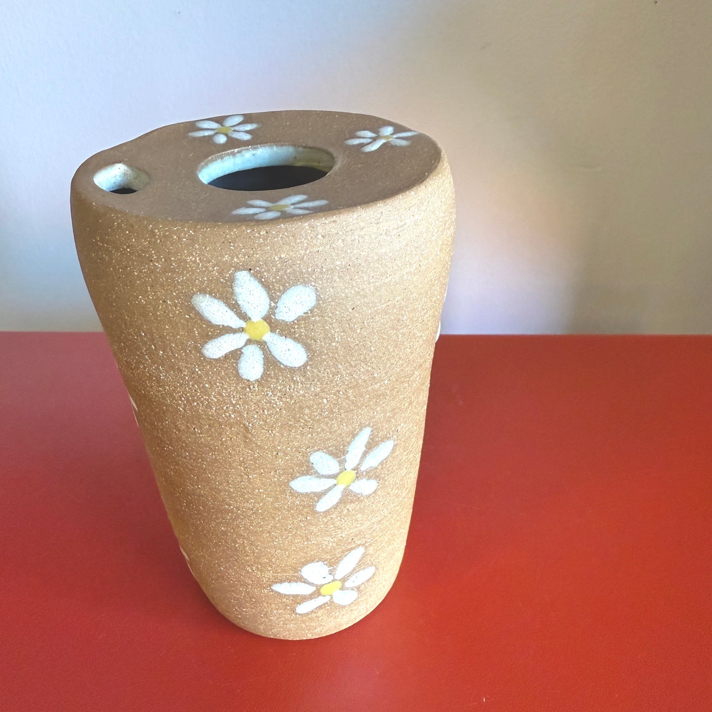 Hand-Thrown Ceramic Travel Mug with Retro Daisy Motif - Made in Stoughton!