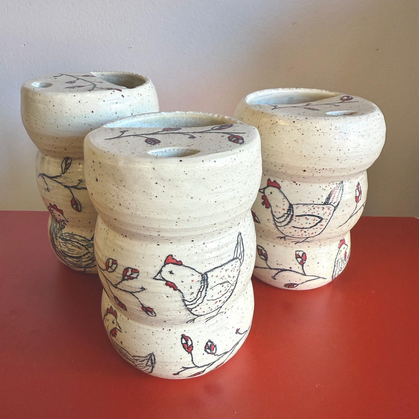 Hand-Thrown Ceramic Travel Mug with Sweet Chicken Motif - Made in Stoughton!