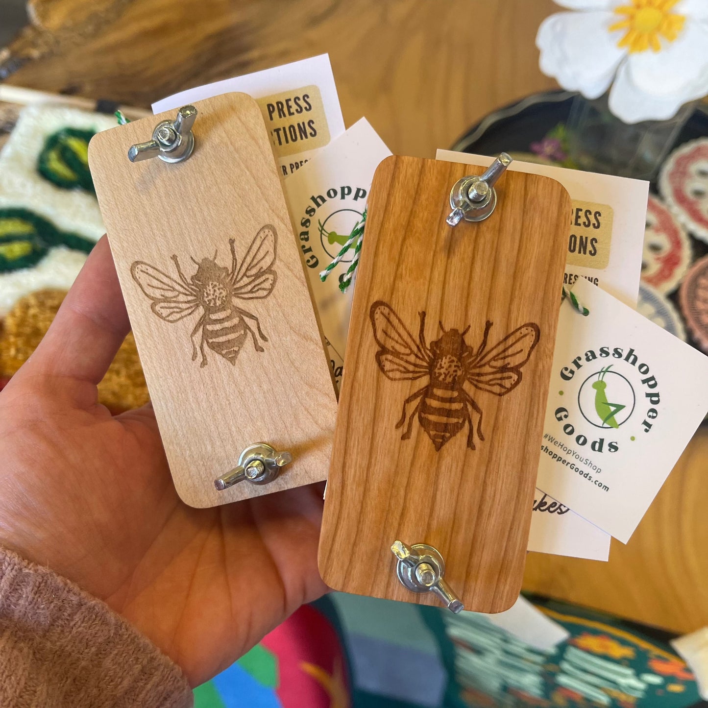 Michigan Cherry Pocket Size Flower Press With Bee Design