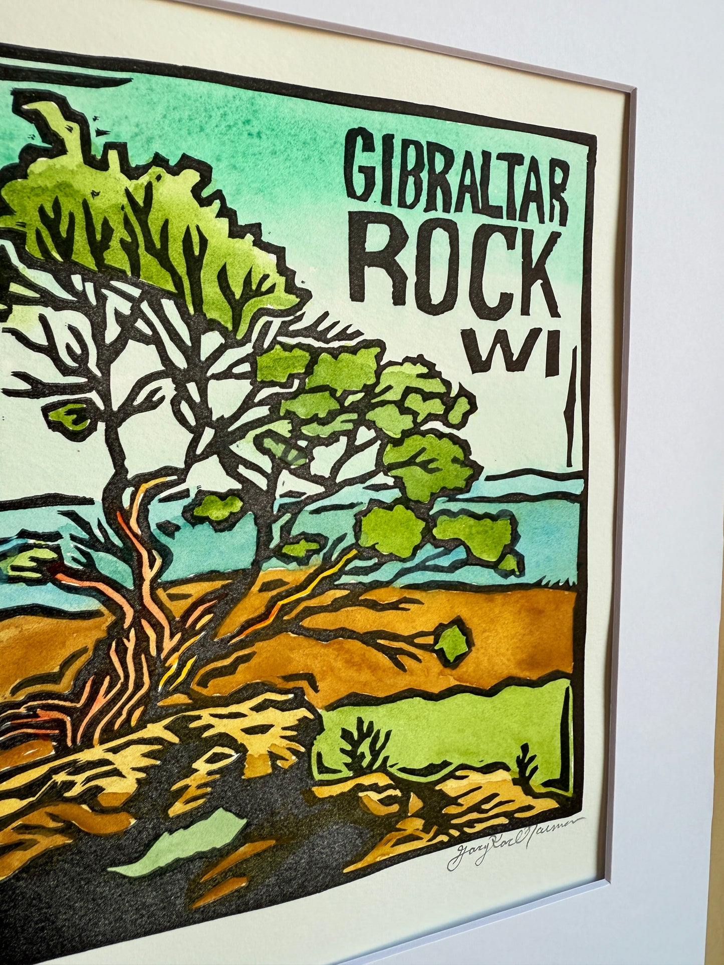 Gibraltar Rock Hand-Colored Linocut Print by Stoughton Artist Gary Karl Nauman