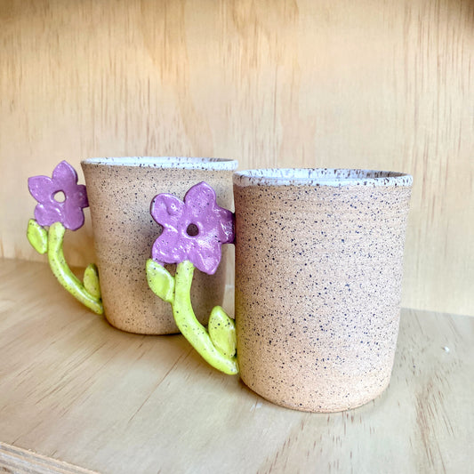 Hand-Thrown Purple Flower Handle Mugs - Made in Stoughton!
