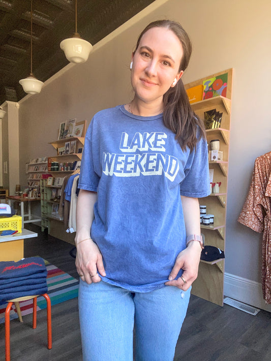 "Lake Weekend" Mineral Washed Graphic Tee - Denim Blue