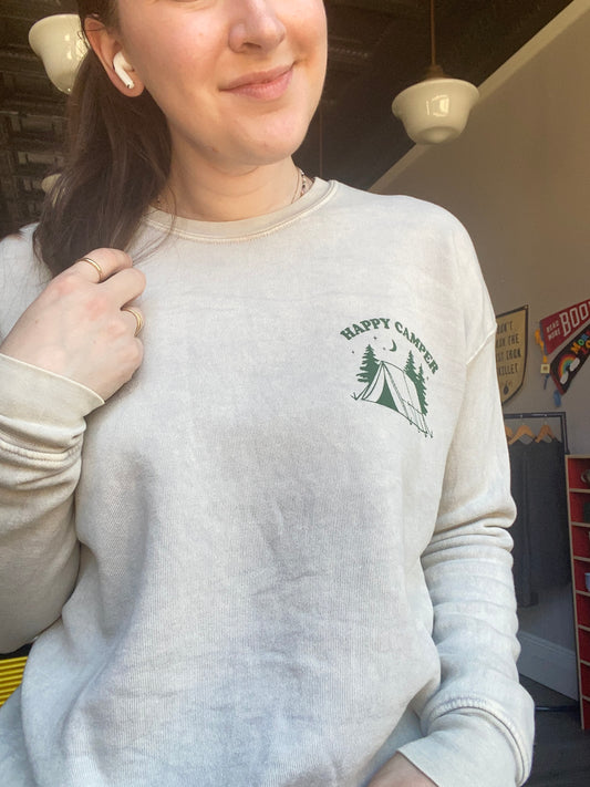 "Happy Camper" Mineral Wash Super Soft Sponge Fleece Crewneck Sweatshirt